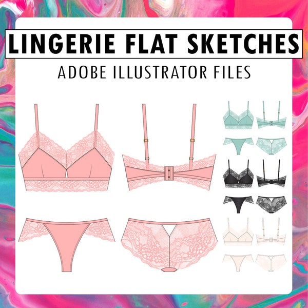 Lingerie CAD sketch drawing fashion design vector wireless bra panty flat color Adobe Illustrator pattern brush lace fabric intimate apparel