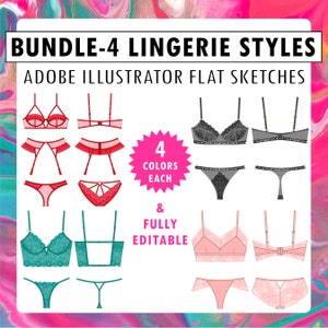 Colección de plantillas de bocetos planos CAD de lencería, dibujos de diseño de moda, sujetador, braguita, liguero, tanga, Adobe Illustrator, imágenes prediseñadas PDF PNG