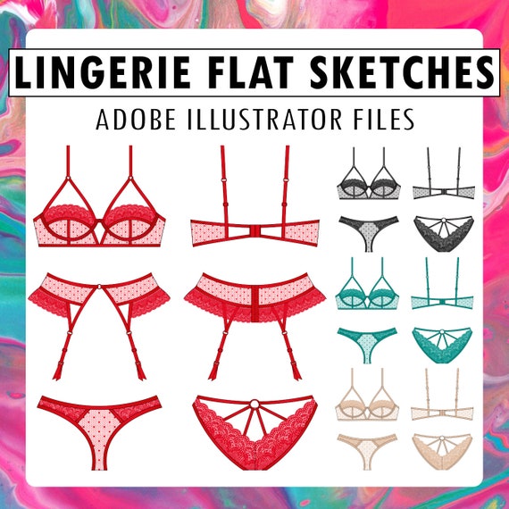 Lingerie CAD Sketch Drawing Fashion Design Vector Bra Panty Garter Flat  Color Render Adobe Illustrator Clip Art Lace Fabric Sexy SVG Pdf Png 