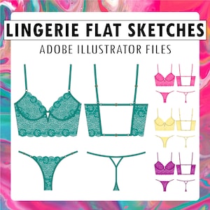 Lingerie Flat Sketch Design fashion CAD technical drawing vector lace bustier bra + thong Adobe Illustrator clip art for intimate apparel