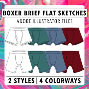 May include: A set of eight flat sketches of boxer briefs in two styles and four colorways. The sketches are in white, teal, blue, and burgundy. The text "BOXER BRIEF FLAT SKETCHES" and "ADOBE ILLUSTRATOR FILES" is at the top of the image. The text "2 STYLES | 4 COLORWAYS" is at the bottom of the image.