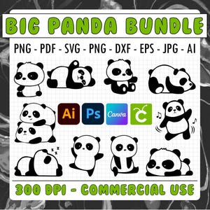 Pacchetto di clipart di panda carini per la stampa su richiesta in tema kawaii Silhouette Line Art per Cricut, Png Dxf, Jpg, Eps, Svg, Pdf, Adobe Illustrator