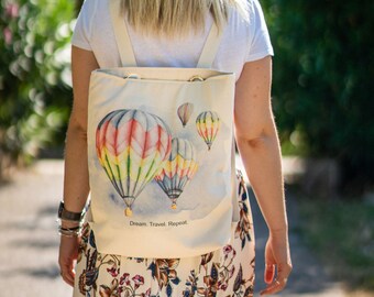 Balloon a Fabric backpack purse and a tote bag.