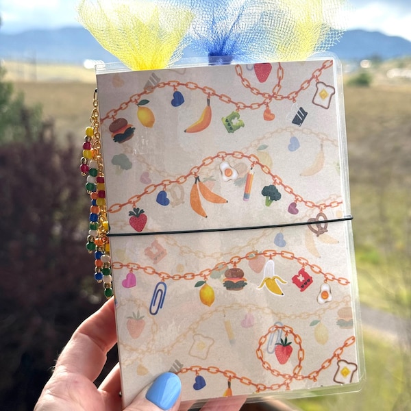 A6 Food Charm Bracelet Journal | A6 Traveler's Notebook | Laminated Pocket Journal with 3 Notebooks, Foodie Journal | Cute Handmade Gift