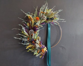 Dried flower wreath, burnt orange, blue, green and teal colours. Everlasting dried flower gift. Christmas  gift. Festive Gift Idea