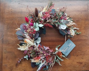 Dried Flower Wreath/Bridesmaid Hoop/ Gift/ Orange/ Red /Rust / Copper/ Green colours/ Eucalyptus/bunny tails