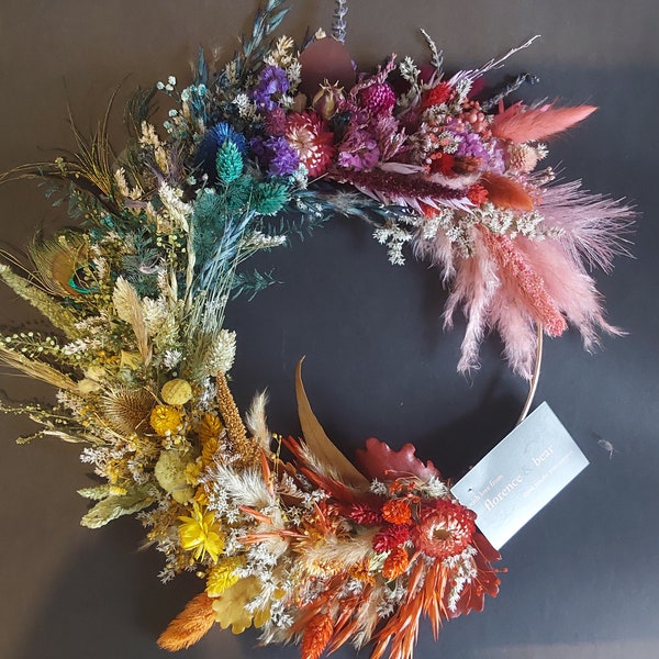 Dried Flower Wreath/Rainbow Design/Dried Flower Wall Art/Boho Hoop/Rainbow Colours/Birthday gift/ Rainbow wedding