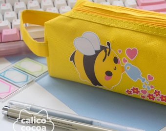 Large Capacity Double-Pocket Pencil Bag: Yellow Gardening Bee and Green Pond Themes