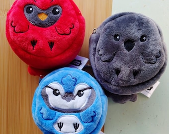 Round Bird Frens: Crow, Blue Jay, and Cardinal Plush Pouch Keychains