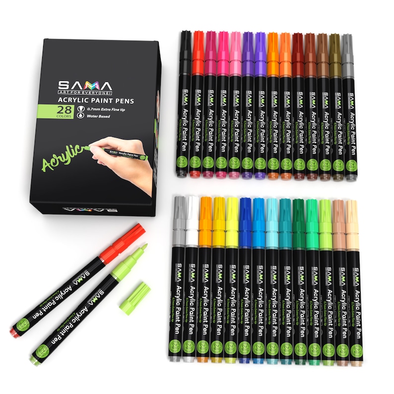 May include: A set of 28 acrylic paint pens with a variety of colors. The pens have a 0.7mm extra fine tip and are water-based. The pens are arranged in two rows, with the top row containing 14 pens and the bottom row containing 14 pens. The pens are all black with a silver cap and a green label that says "SAMA Acrylic Paint Pen".