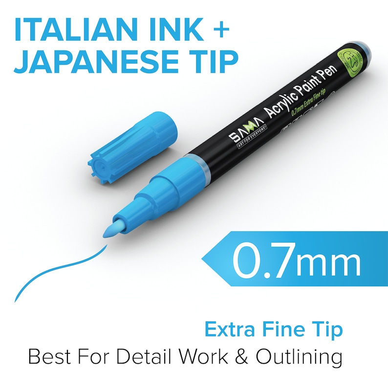 May include: A blue acrylic paint pen with a 0.7mm extra fine tip. The pen is labeled "SAMA Acrylic Paint Pen 0.7mm Extra Fine Tip Art For Everyone". The text "ITALIAN INK + JAPANESE TIP" is displayed above the pen. The pen is on a white surface and a blue line is drawn with the pen.