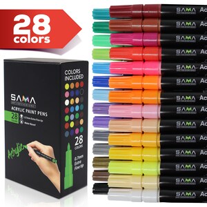 May include: A set of 28 acrylic paint pens with a 0.7mm extra fine tip. The pens are water-based and come in a variety of colors, including black, white, red, blue, green, yellow, orange, purple, pink, brown, and gray. The pens are arranged in a row, with the caps facing the viewer. The box shows the brand name "SAMA" and the text "Acrylic Paint Pens".