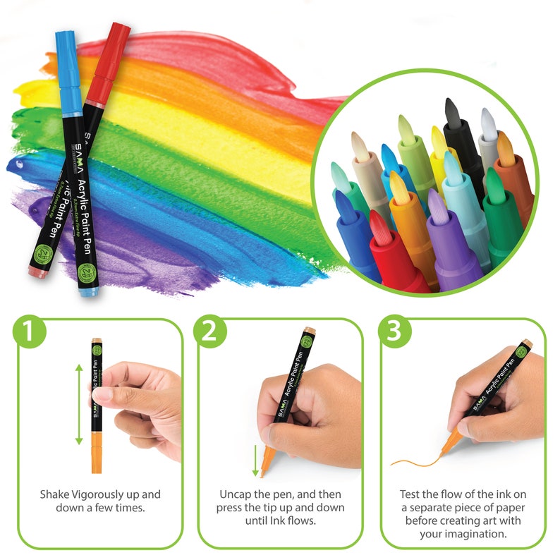May include: Instructions on how to use acrylic paint pens. The image shows three steps: shake the pen vigorously, uncap the pen and press the tip up and down until ink flows, and test the flow of the ink on a separate piece of paper before creating art.