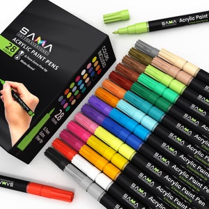 May include: A set of 28 acrylic paint pens with 0.7mm extra fine tips. The pens are water-based and come in a variety of colors, including red, orange, yellow, green, blue, purple, pink, brown, black, and white.