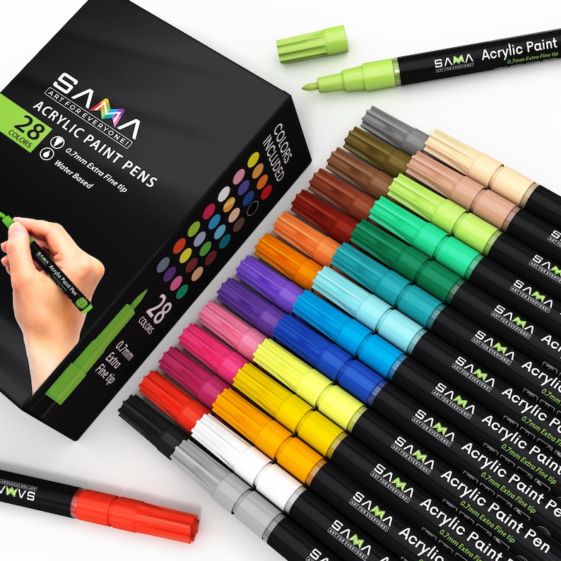 May include: A set of 28 acrylic paint pens with 0.7mm extra fine tips. The pens are water-based and come in a variety of colors, including red, orange, yellow, green, blue, purple, pink, brown, black, and white.