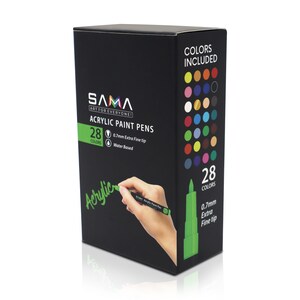 May include: A black box with a green cap containing 28 acrylic paint pens. The box has the text "SAMA ART FOR EVERYONE! ACRYLIC PAINT PENS 28 COLORS 0.7mm Extra Fine tip Water Based" on the front. The box also shows a hand holding a green paint pen and writing the word "Acrylic".
