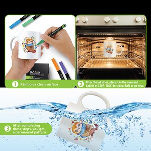 May include: A white ceramic mug with a colorful owl design is being painted with green, blue, and orange acrylic paint pens. The mug is then placed in an oven to bake the paint. The final image shows the mug submerged in water, demonstrating the permanence of the paint.