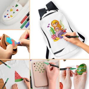 May include: A set of acrylic paint pens in various colors, used to decorate different items, including a white shoe, a leather wallet, a backpack with a mermaid design, a phone case, and a rock. The pens are labeled "Black Acrylic Paint Pen".