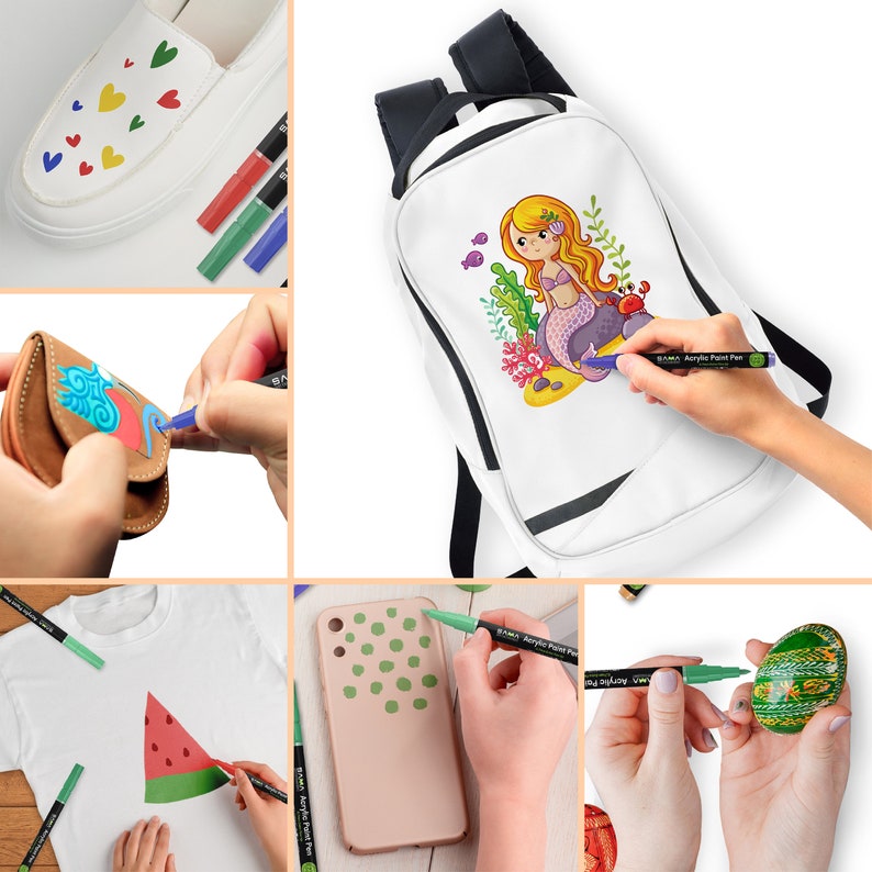 May include: A set of acrylic paint pens in various colors, used to decorate different items, including a white shoe, a leather wallet, a backpack with a mermaid design, a phone case, and a rock. The pens are labeled "Black Acrylic Paint Pen".