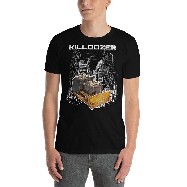 May include: Black t-shirt with a white graphic of a bulldozer in a city with the text "KILLDOZER" above it.