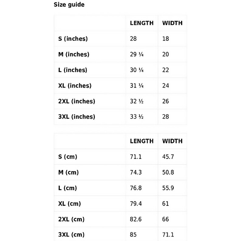 May include: Size guide for a garment with measurements in inches and centimeters. The table shows the length and width of the garment in different sizes, from S to 3XL.