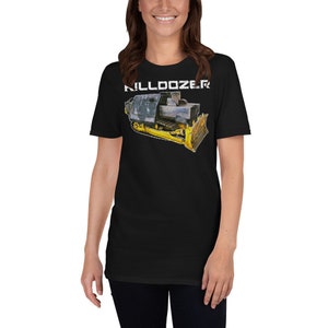 May include: Black t-shirt featuring a white graphic of a yellow bulldozer with the text "KILLDOZER" above it.