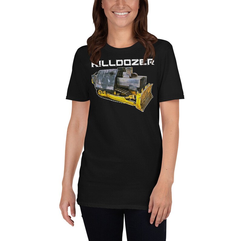 May include: Black t-shirt featuring a white graphic of a yellow bulldozer with the text "KILLDOZER" above it.