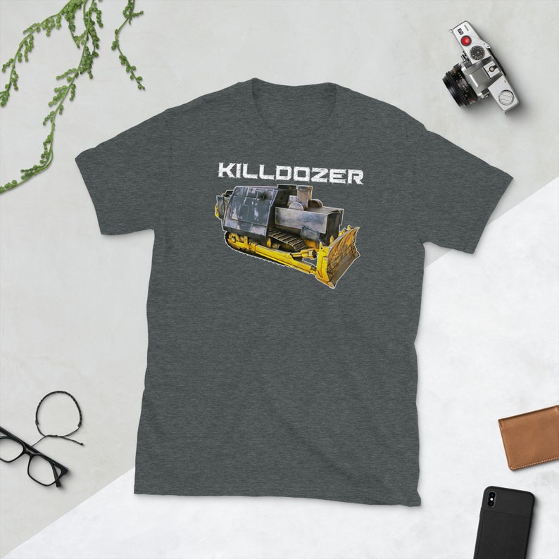 May include: A dark heather grey t-shirt with a white graphic of a bulldozer and the text "KILLDOZER" printed on the front.