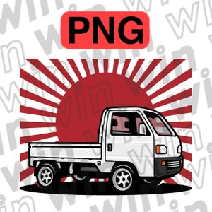 May include: A white pickup truck with a red rising sun graphic in the background. The truck has a white bed and a black bumper.