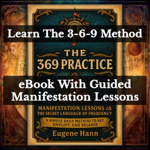 Può includere: Una copertina di eBook con un design verde acqua e oro. Il titolo recita "Learn The 3-6-9 Method" e "The 369 Practice". Il testo aggiuntivo include "eBook With Guided Manifestation Lessons" e "Manifestation Lessons & The Secret Language of Frequency."