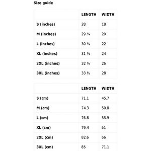 May include: Size guide for a garment with measurements in inches and centimetres. The table shows the length and width of the garment in different sizes, from S to 3XL.