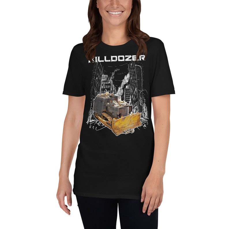 May include: Black t-shirt with a white graphic of a bulldozer driving through a city with the text "KILLDOZER" above it.