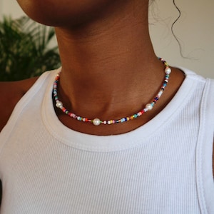 Colorful Pearl Necklace, Perlen Halskette Bunt, Colorful Pearl Choker, Mixed Bead Necklace, Beaded Pearl Necklace, Freshwater Pearl Necklace