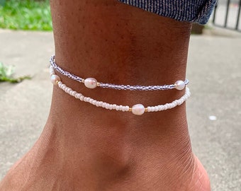 Beaded Anklet with Pearls, Colorful Pearl Anklet, Simple Anklet, Colourful Beach Anklet, Ankle Bracelet for Women, Pearl Ankle Chain