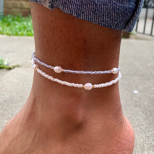 Beaded Anklet with Pearls, Colorful Pearl Anklet, Simple Anklet, Colourful Beach Anklet, Ankle Bracelet for Women, Pearl Ankle Chain