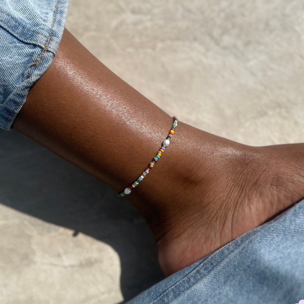Pearl Anklet, Colourful Anklet, Mixed Bead Anklet, Three Pearl Anklet, Colorful Ankle bracelet, Fußkettchen, Beach Anklet, Boho Anklet