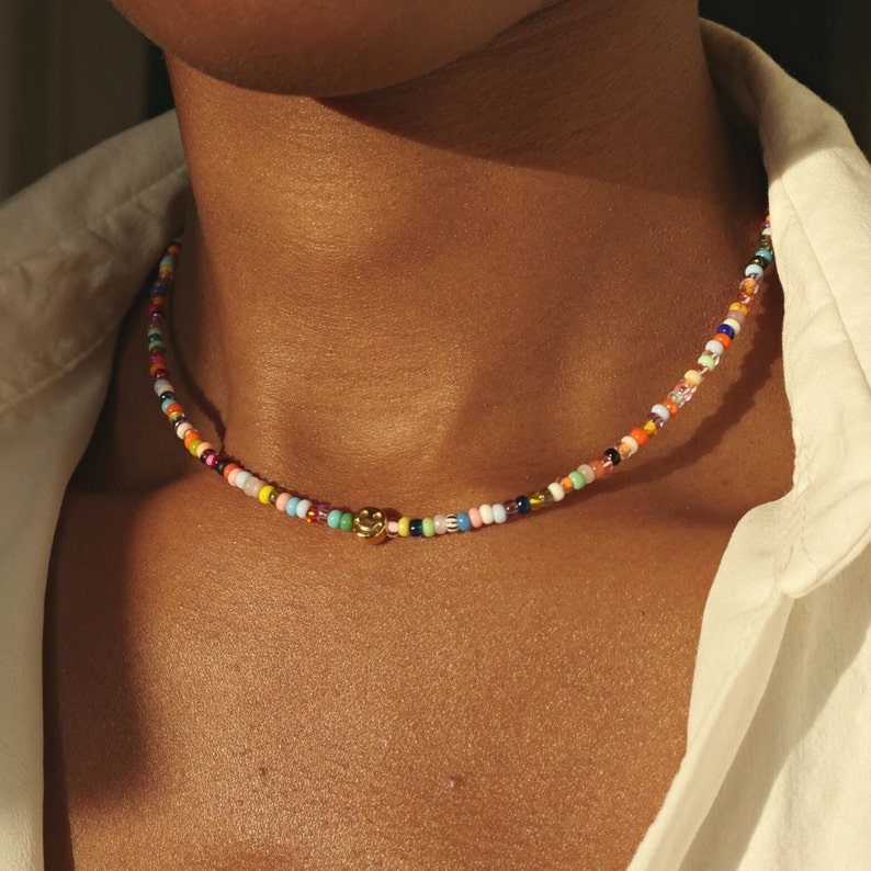 Colorful Pearl Necklace, Happy Face Pearl Neckace, Perlenkette Bunt, Colorful Pearl Choker, Beaded Pearl Necklace, Happy Halskette Bunt Gold