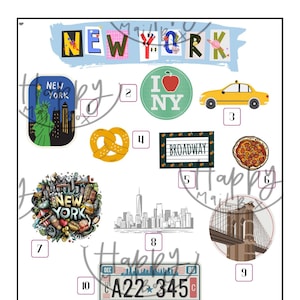 May include: A colorful illustration of New York City landmarks, including the Statue of Liberty, the Empire State Building, the Brooklyn Bridge, and a yellow taxi cab. The image also includes a pretzel, a pizza slice, and a license plate that says "A22-345".