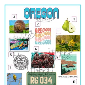 May include: A colorful infographic about the state of Oregon. It features images of a beaver, pears, a flower, blackberries, Crater Lake, a yellow bird, a license plate that says "RG 034", and a row of covered wagons. The text "Oregon" is written in large, blue letters at the top of the infographic.