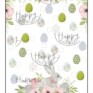 Puede incluir: Un juego de búsqueda de huevos de Pascua imprimible con un conejo, flores y huevos con diferentes patrones. El texto "Happy Mailbox" aparece varias veces en la página.