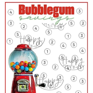 May include: A red gumball machine with a glass jar filled with colorful gumballs. The machine has a crank on the side and a coin slot. The image is surrounded by a white background with black circles containing numbers 1 through 5.