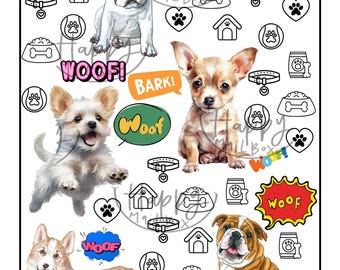 Może przedstawiać: Zbiór kolorowych naklejek z motywem psów, przedstawiających różne rasy psów, w tym buldoga francuskiego, chihuahua, corgi i buldoga. Naklejki zawierają frazy takie jak "Woof!" i "Bark!" oraz obrazy psiej kości, worków z karmą dla psów i obroży dla psów.