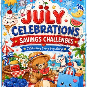 Könnte beinhalten: Eine bunte digitale Illustration mit dem Titel JULY CELEBRATIONS SAVINGS CHALLENGES, die einen Teddybären, einen Welpen, eine Schüssel Blaubeeren, ein Eis, eine Wassermelone, eine Strandszene und festliche rot-weiß-blaue Dekorationen zeigt.