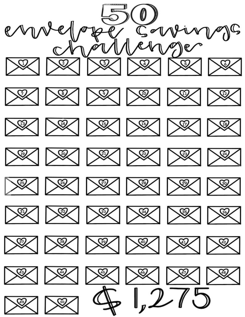 May include: A black and white printable chart with 50 envelopes, each numbered from 1 to 50. The chart is titled "50 envelope savings challenge" and includes the text "$1,275".