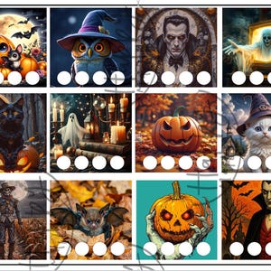 May include: A collage of Halloween-themed illustrations. Images include a pumpkin with a cute face, an owl wearing a witch hat, a portrait of a vampire, and a ghost emerging from a television. Other images include a black cat, a jack-o'-lantern, and a scarecrow.
