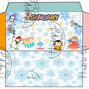 Puede incluir: Un sobre colorido con temática de enero con animales de dibujos animados y copos de nieve. El diseño incluye pingüinos, un muñeco de nieve y un oso polar, con las palabras "Happy New Year" y "January". El fondo es azul claro.
