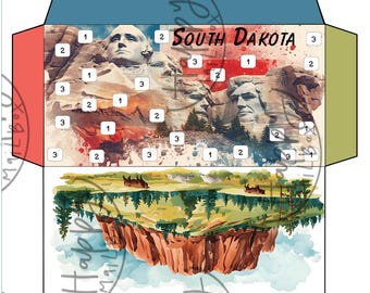 Desafíos de ahorro con sobres de 50 estados - Conjunto 5 - Dakota del Sur - Tennessee - Texas - Utah - Vermont - Virginia - Washington - Virginia Occidental - Wisconsin - Wyoming
