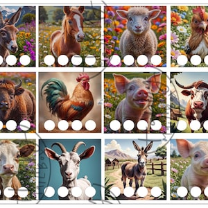 May include: A printable worksheet with 12 images of farm animals. Each image has five blank circles below it. The animals include a donkey, horse, sheep, chicken, buffalo, rooster, pig, cow, cow, goat, donkey, and pig.