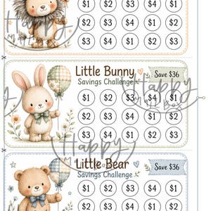 Puede incluir: Tres tarjetas rectangulares de desafío de ahorro con ilustraciones de un león, un conejo y un oso, cada uno sosteniendo un globo a cuadros. Cada tarjeta incluye una cuadrícula de círculos con montos en dólares y un banner Save $36.