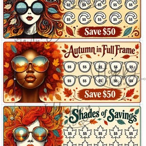 May include: A set of three rectangular savings challenge cards featuring illustrations of people with vibrant hair and sunglasses. Each card includes ten icons labeled $5 and the text Crimson Waves, Autumn in Full Frame, or Shades of Savings.